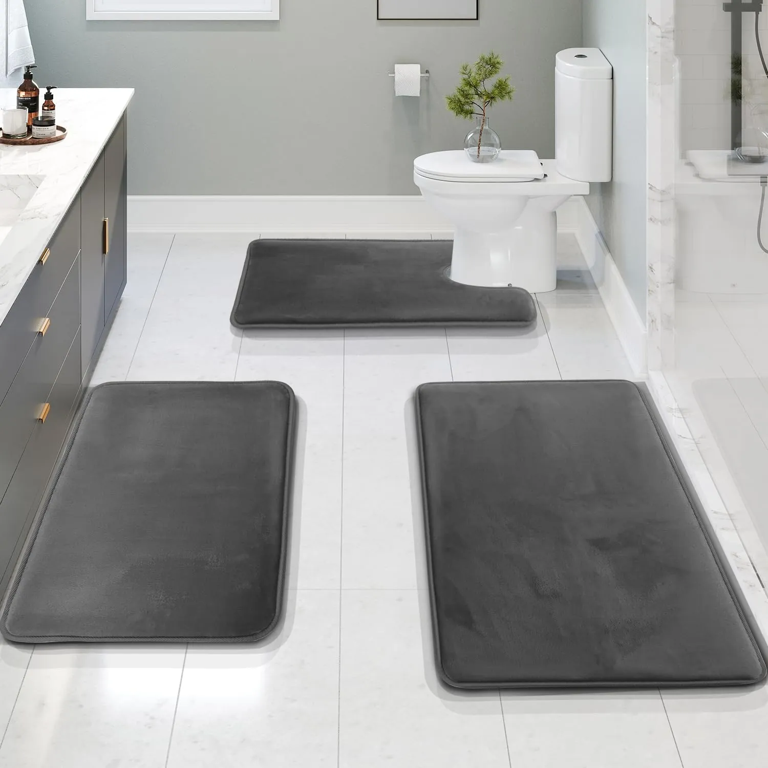 Clara Clark 3 Piece Bathroom Rugs Bath Mat Set (Velvet Memory Foam, Grey)
